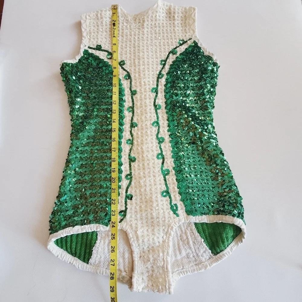 7310 * Algy Vintage Sequin Majorette Leotard Green White 1960s Size Unknown - Picture 5 of 11